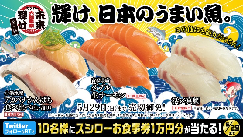 【スシロー】✨未来輝け✨スシロー大創業祭2022第一弾
輝け日本のうまい魚。残り3日

一流の生産者とスシローが【22/05/27】